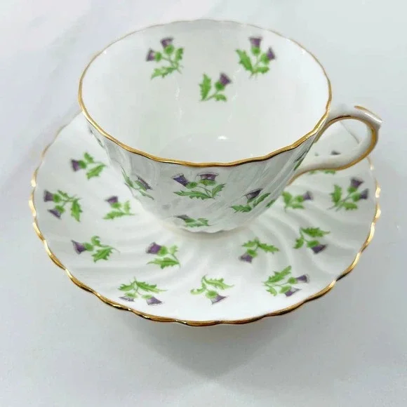 AYNSLEY BONE CHINA TEACUP & SAUCER SET / PURPLE THISTLE / MADE IN ENGLAND - Picture 3 of 10